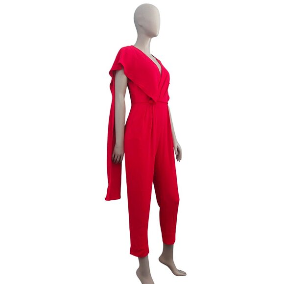 MAX MARA Red Jumpsuit Size 8 Draped Shoulder Tapered Leg V Neck Flutter Sleeves - Picture 4 of 16
